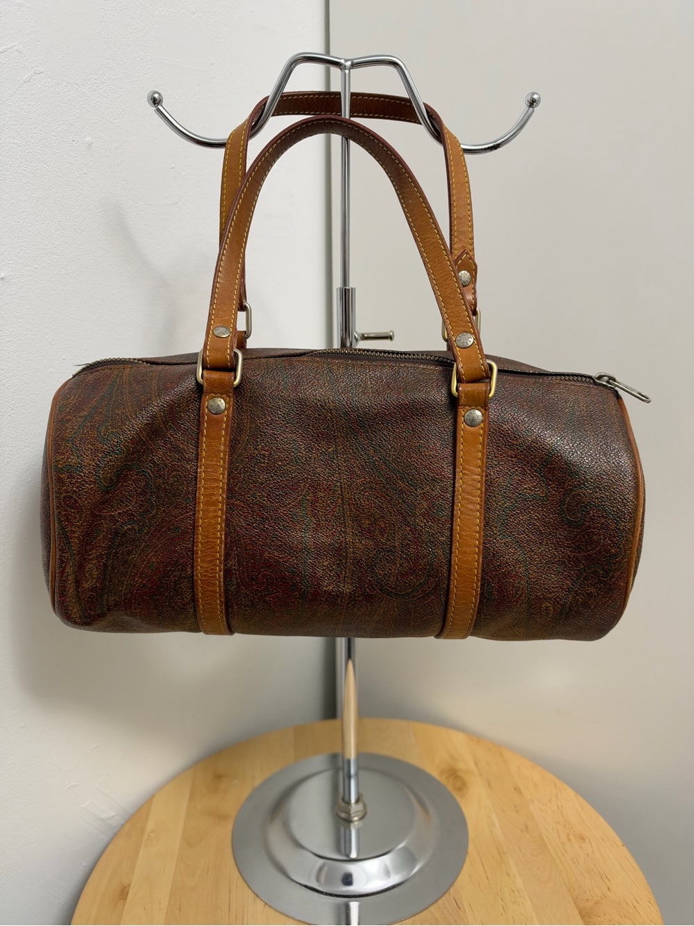 Etro Brown Paisley Barrel Bag with Tan Straps
